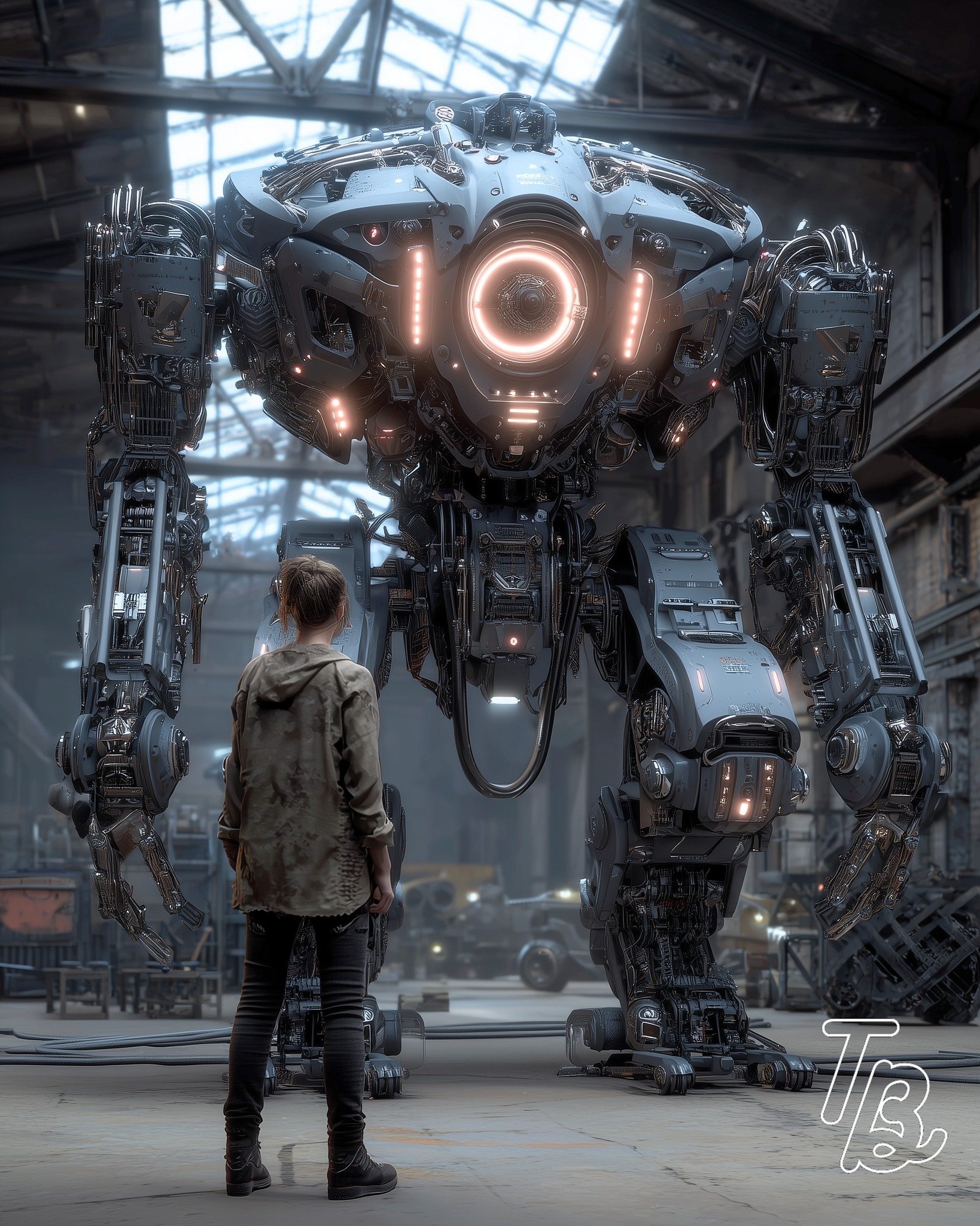 Eine junge Frau steht vor einem großen, futuristischen Roboter in einer Fabrikhalle mit hohem Glasdach.