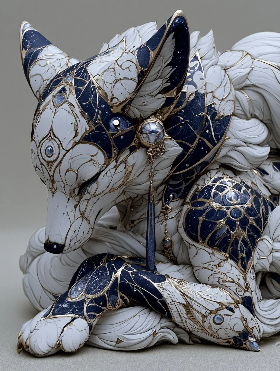 Kunstvolle Skulptur eines sitzenden Fuchses aus weißen, blauen und goldenen Mustern, mit buntem, detailreichem Design und Verzierungen.