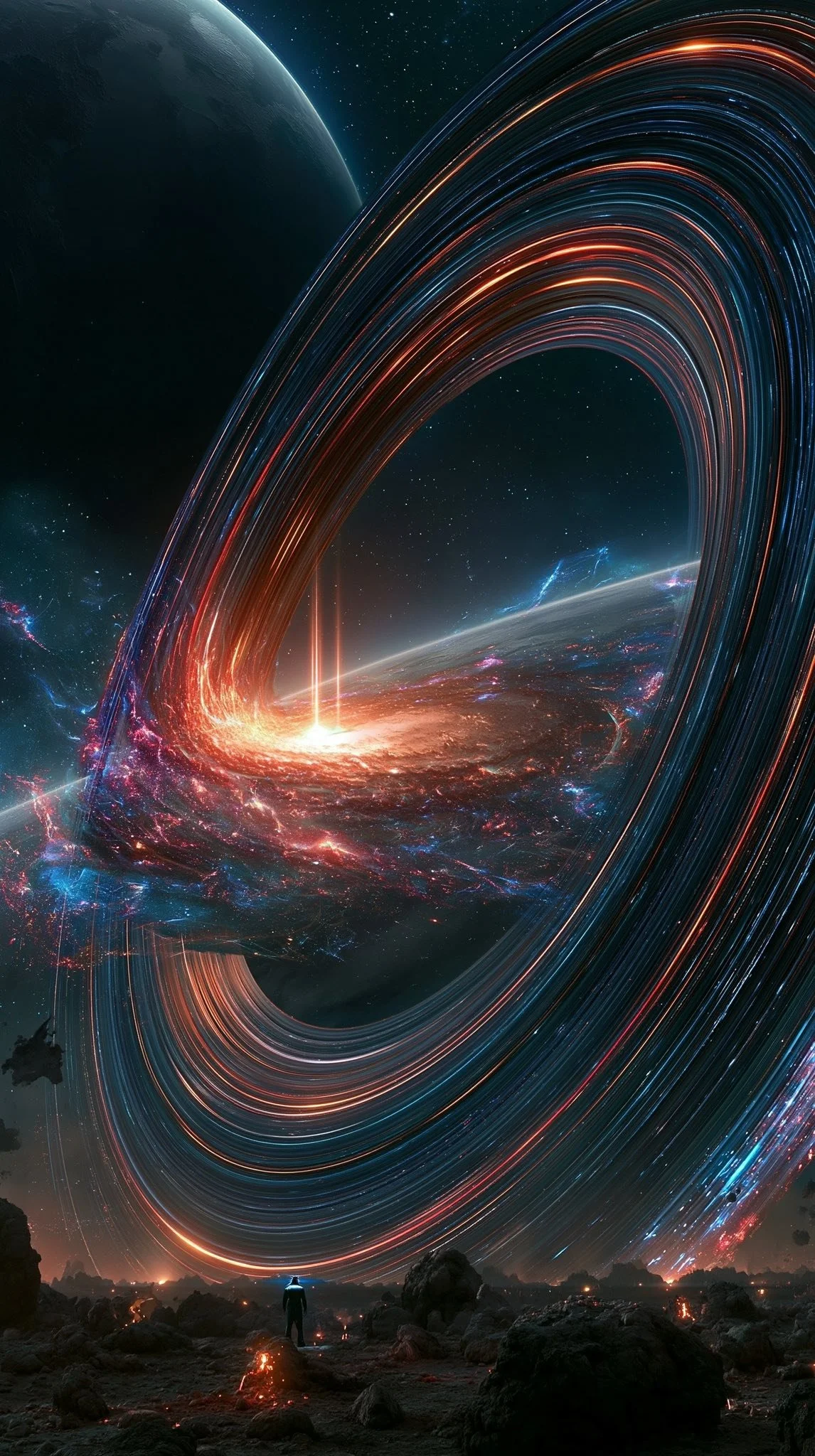 Ein Mensch steht auf felsigem Boden und blickt auf eine riesige, leuchtende Raumzeit-Spirale am Himmel, die um eine Planet oder schwarzen Raumkörper kreist.