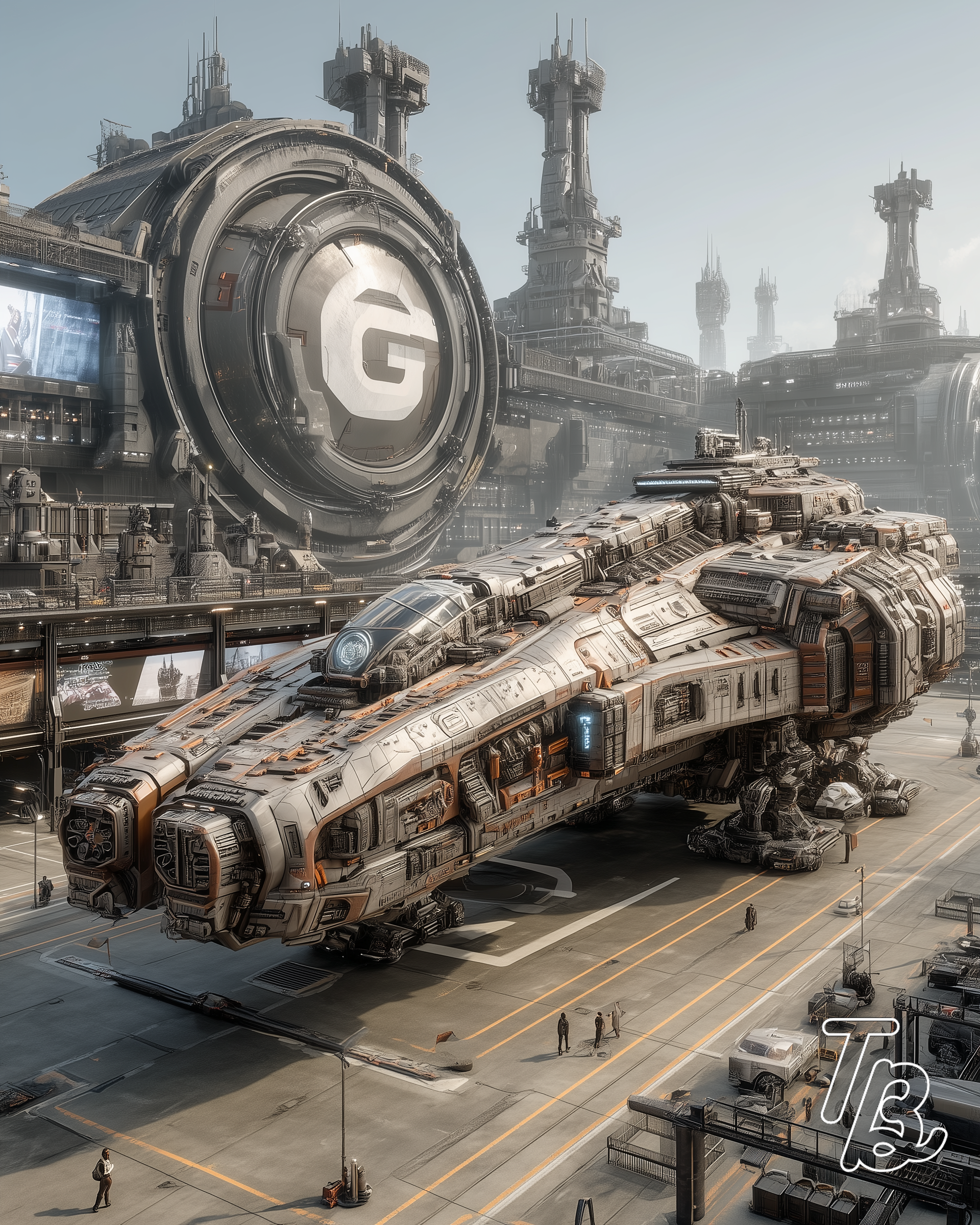 Ein futuristisches Raumschiff steht in einem Raumhafen mit großen Industrieanlagen im Hintergrund. Das Design des Schiffes ist hochkomplex und mechanisch. Es trägt das Logo eines großen Buchstabens 'G'.