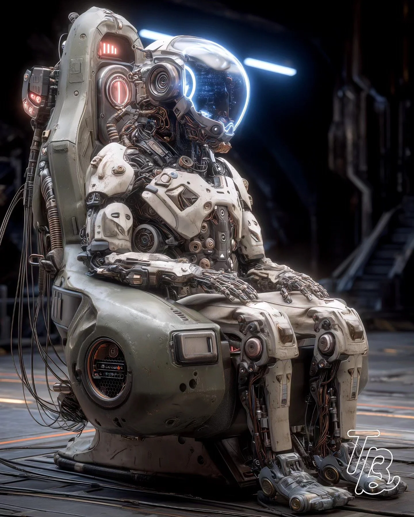 Ein humanoider Roboter sitzt in einem Stuhl in einer dunklen, futuristischen Umgebung.