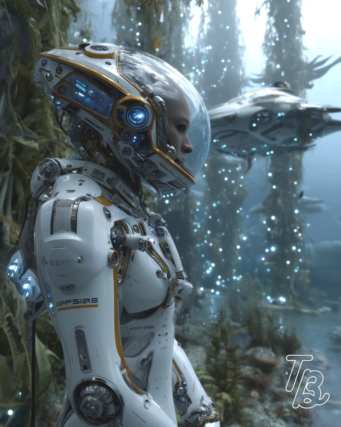 Ein humanoider Roboter mit einem weißen, technischen Körper und einem transparenten Helm, blickt nach rechts. Im Hintergrund ist eine futuristische Landschaft mit Wasser und schwebenden Gebäuden zu sehen, umgeben von Natur und Lichtern.