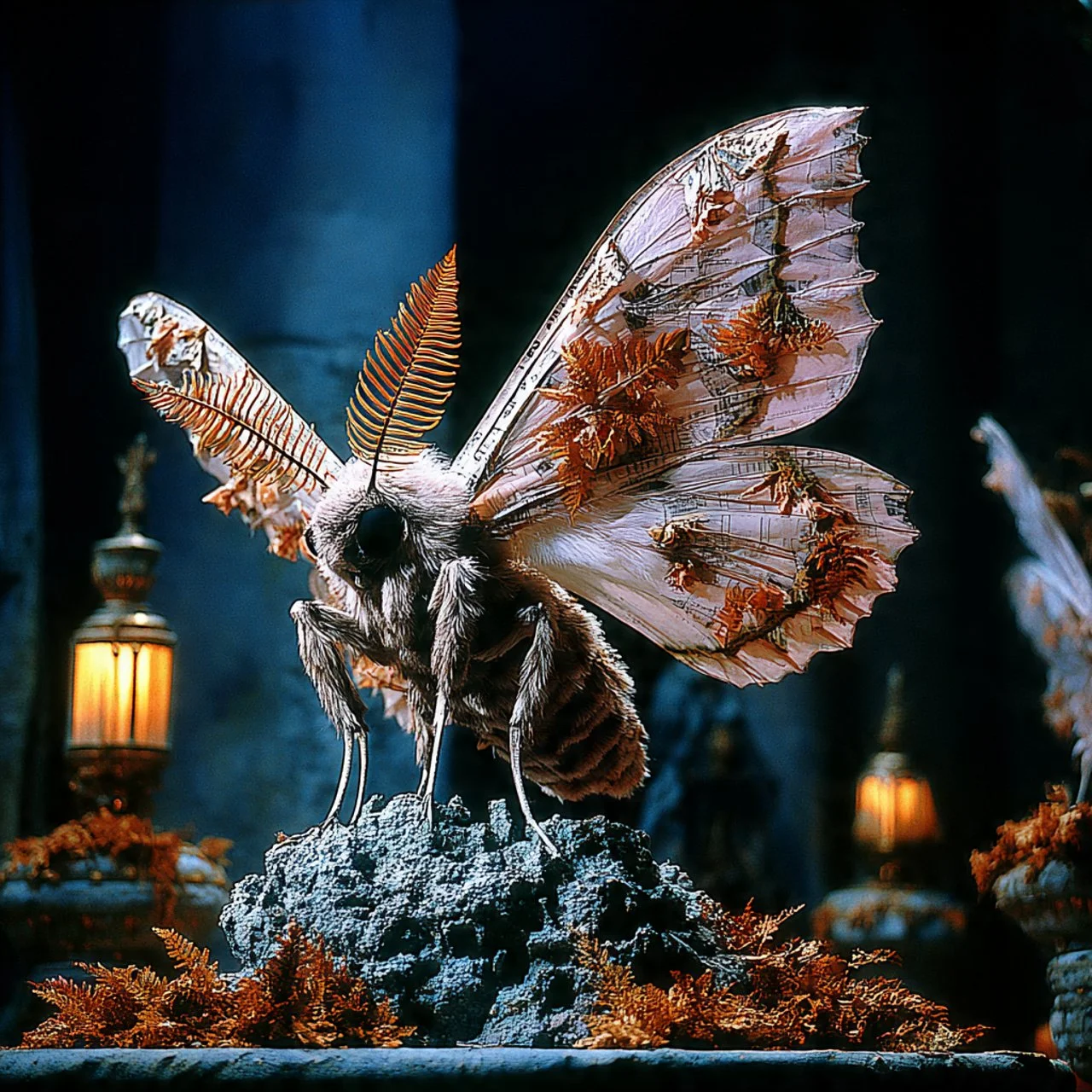 Ein detailreiches Kunstwerk zeigt eine riesige, filigrane Biene mit transparenten Flügeln, die mit getrockneten Blättern und Farnen verziert sind. Im Hintergrund sind warme Laternen in einer dunklen Umgebung sichtbar.