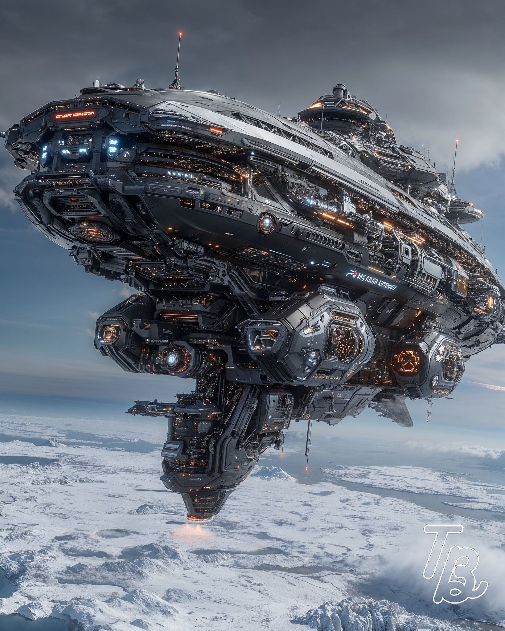 Ein großes, futuristisches Raumschiff schwebt über einer eisbedeckten Landschaft, mit Wolken am Himmel im Hintergrund.