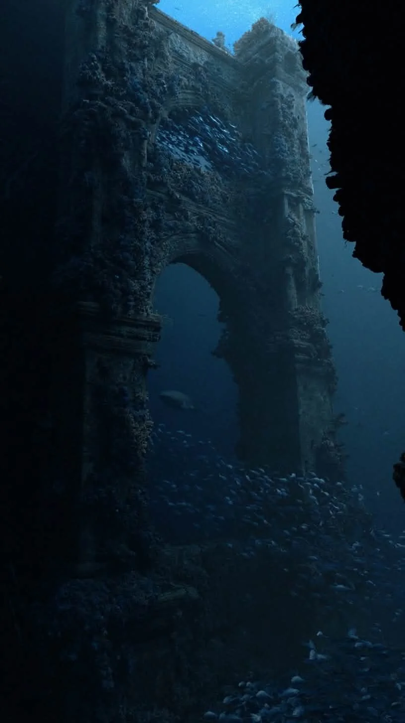 Unterwasseraufnahme einer alten, verfallenen Brücke mit artenreicher Meeresflora und -fauna, darunter zahlreiche Fische und Korallen.