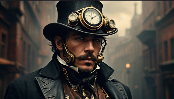 Ein Mann in viktorianischer Kleidung mit Steampunk-Accessoires, darunter eine Zylinder-Hut mit Uhr und Brillen, steht in einer historischen Stadtstraße.