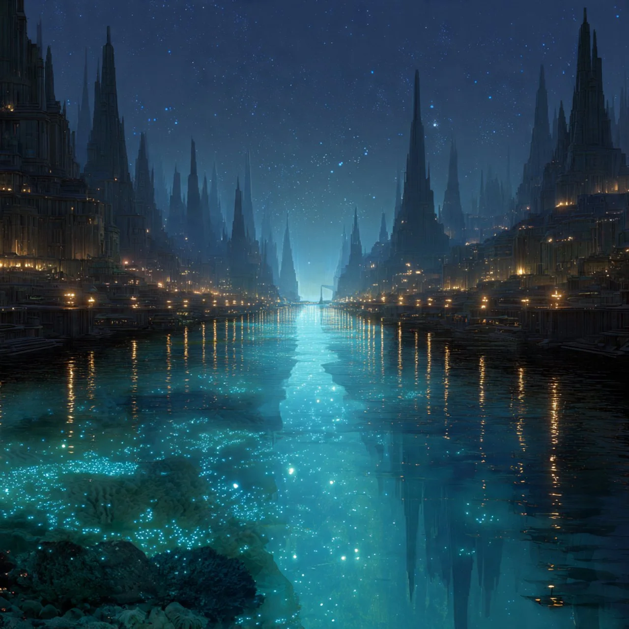 Eine Fantasielandschaft mit einer großen Wasserstraße, and den Seiten hohe, spitze Gebäude, im Hintergrund ein Sternenhimmel.