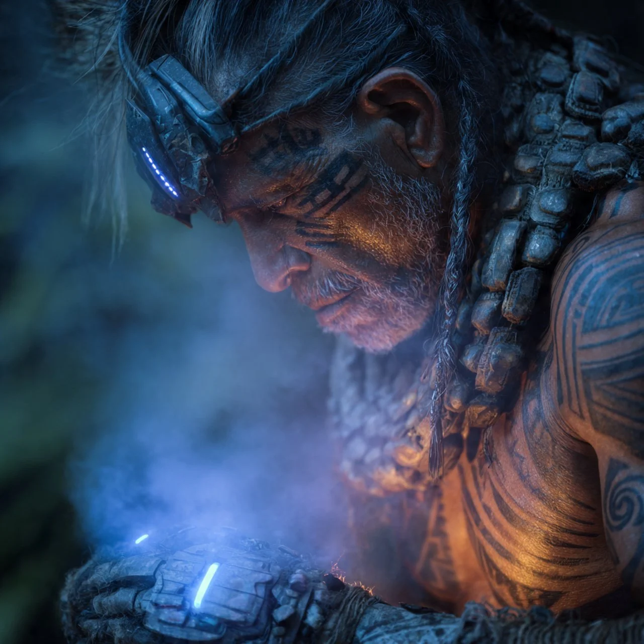 Ein futuristischer Krieger mit Tattoos, Tarnkleidung und High-Tech-Brille arbeitet an einem elektronischen Gerät in einer dunklen, nebligen Umgebung.