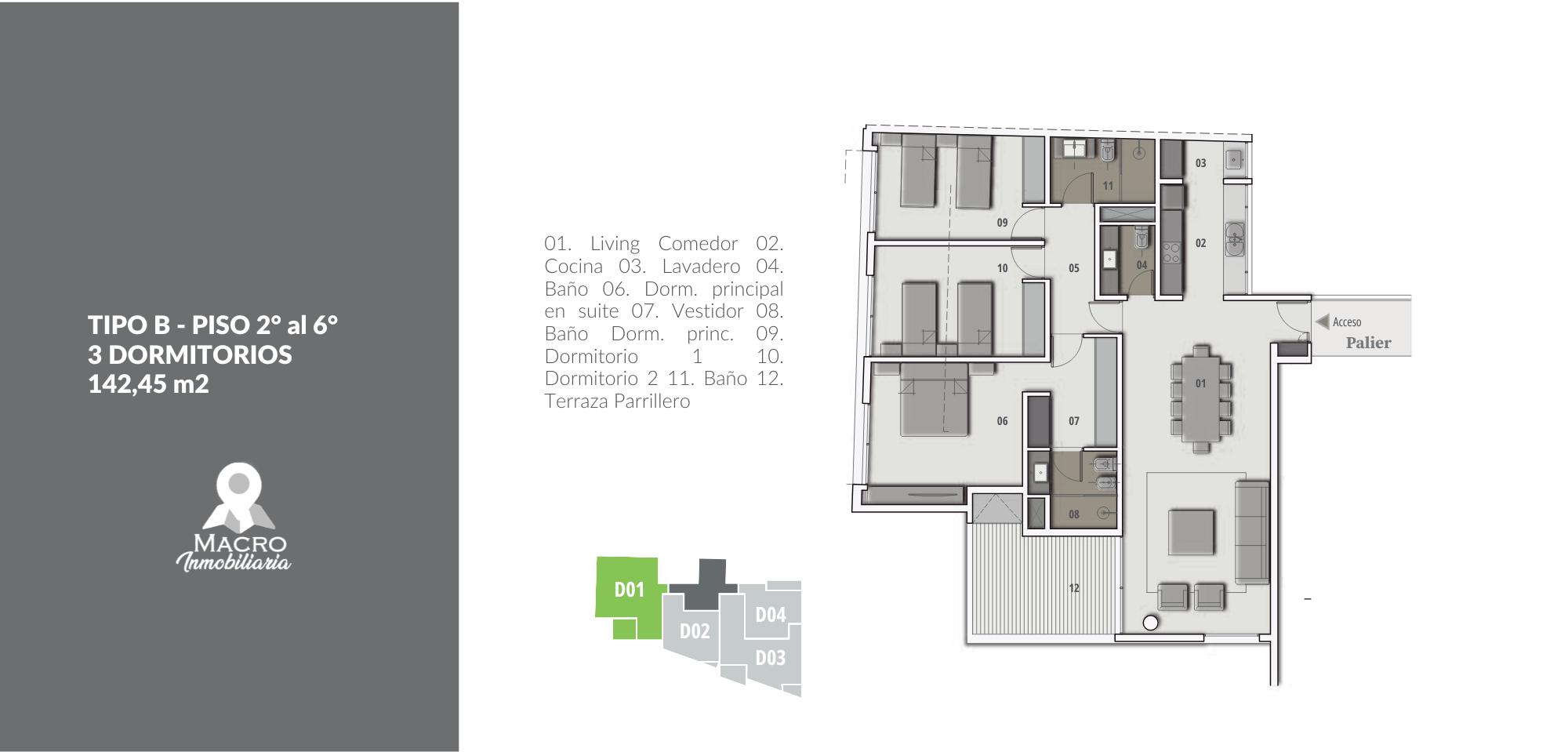 Departamento 3 Dormitorios - Tipo B Esquina (Piso 2) - VIVO AREA 1 - LOS NARANJOS