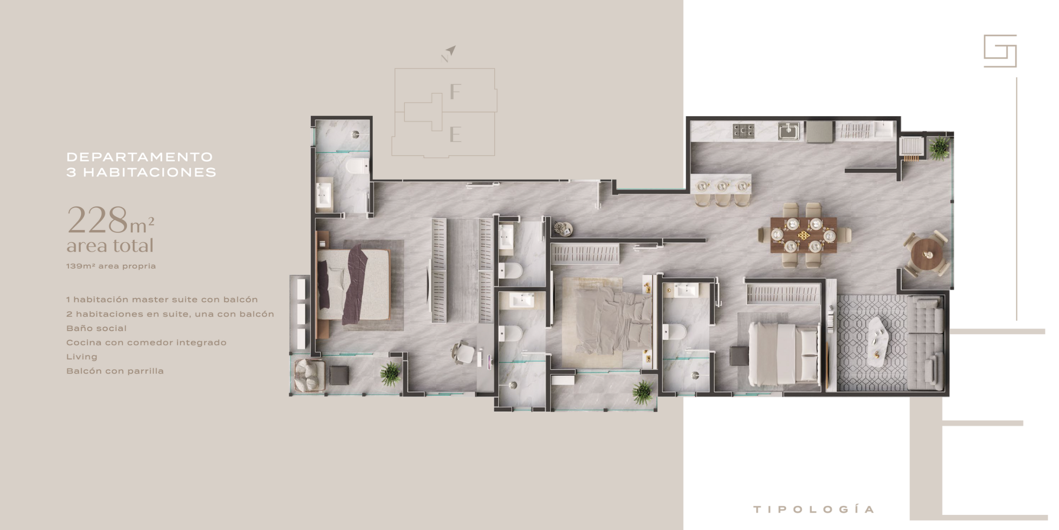 Departamento 2202 - 3 habitaciones - Tipología F - Vista Frontal - Grand Saphira