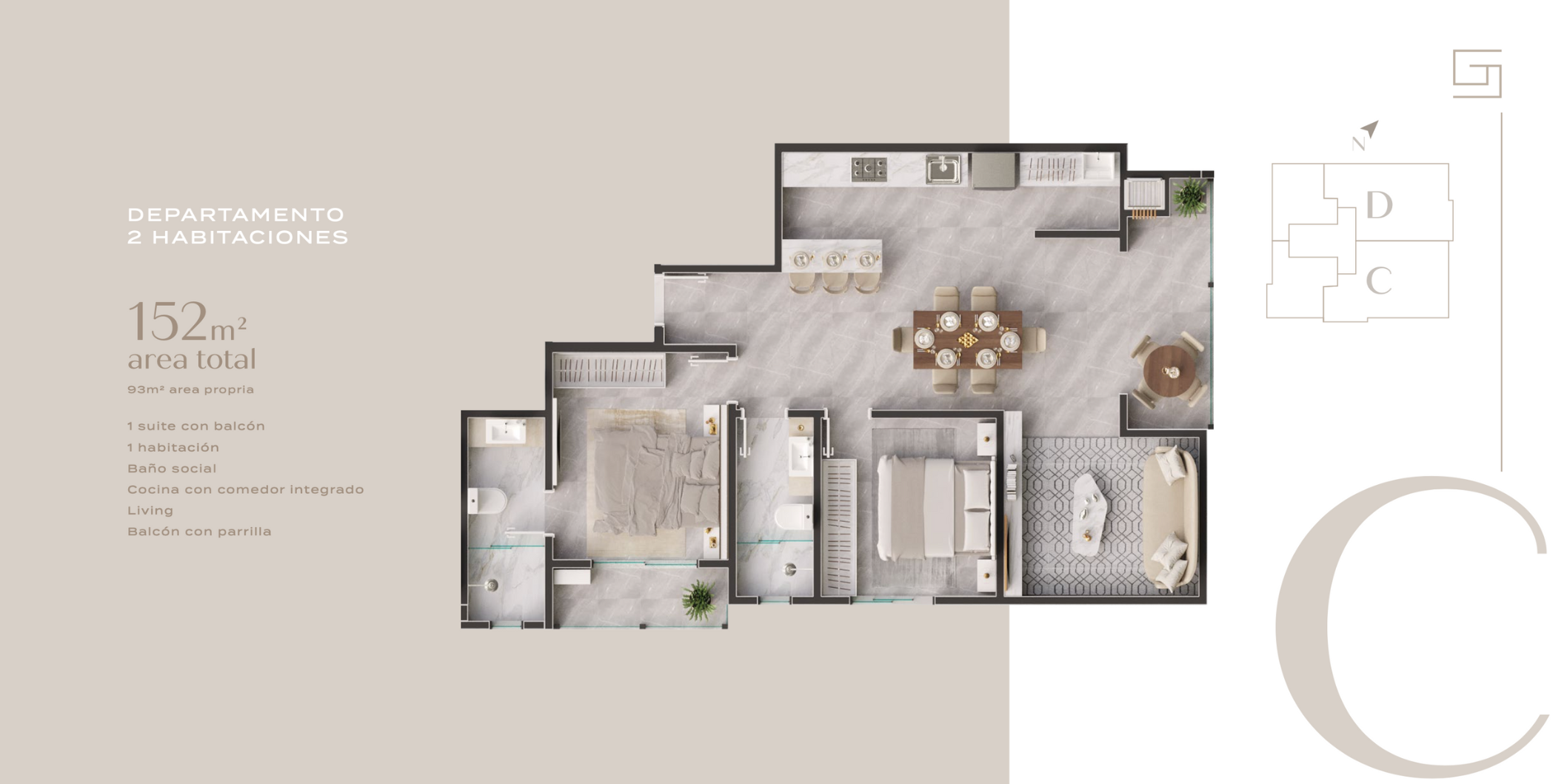 Departamento 1802 - 2 habitaciones - Tipología C – Vista Frontal - Grand Saphira