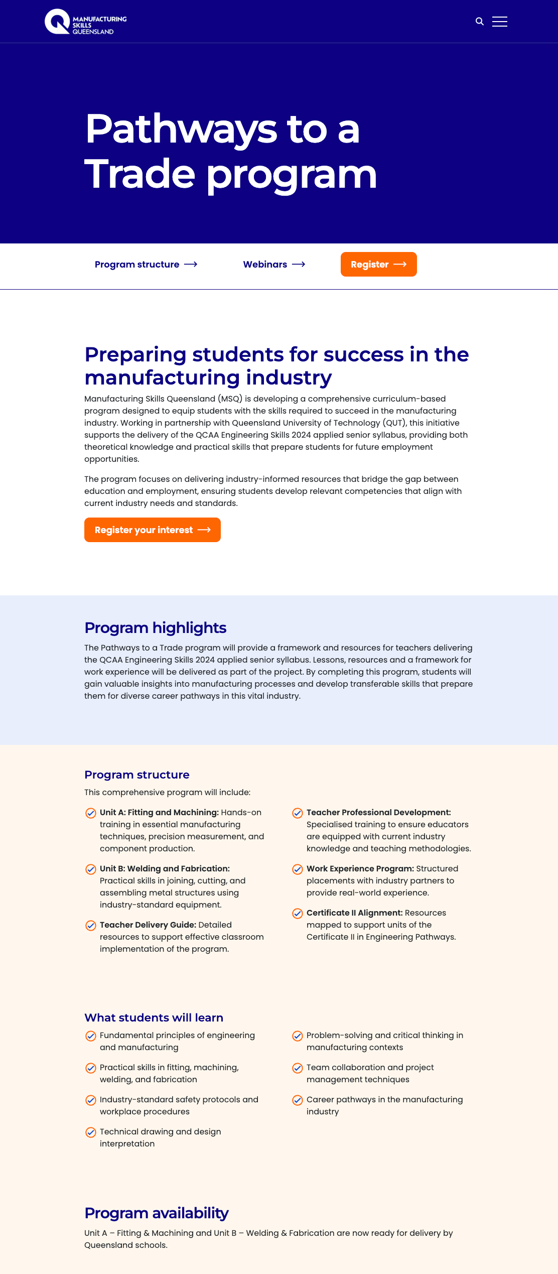 Screenshot of Manufacturing Skills Queensland’s Pathways to a Trade program, preparing students for careers in the manufacturing industry.