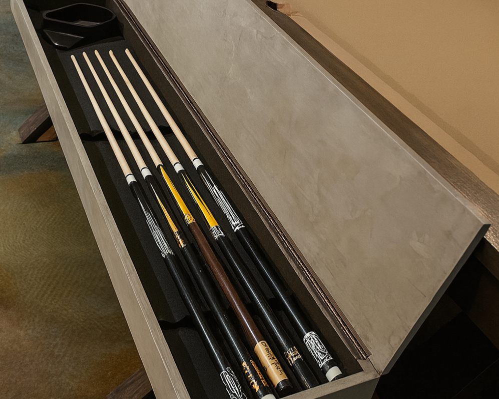 Dinner table bench with hidden pool stick storage 