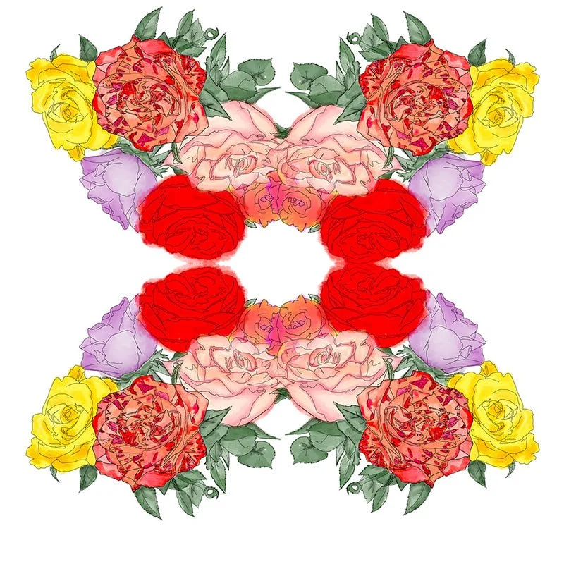 Kaleidoscope Rose — symmetrical floral kaleidoscope artwork in red, pink, yellow, and green, by Mari Rosa