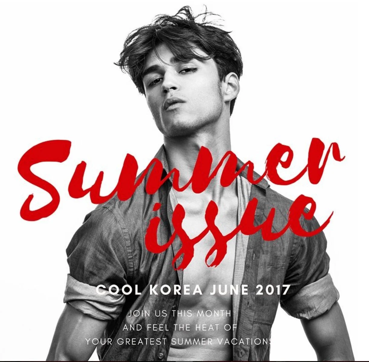 Black and white photo of a young man with tousled hair wearing an open denim shirt, with red handwritten-style text reading 'Summer Issue' and smaller white text below advertising a Korea event in June 2017.