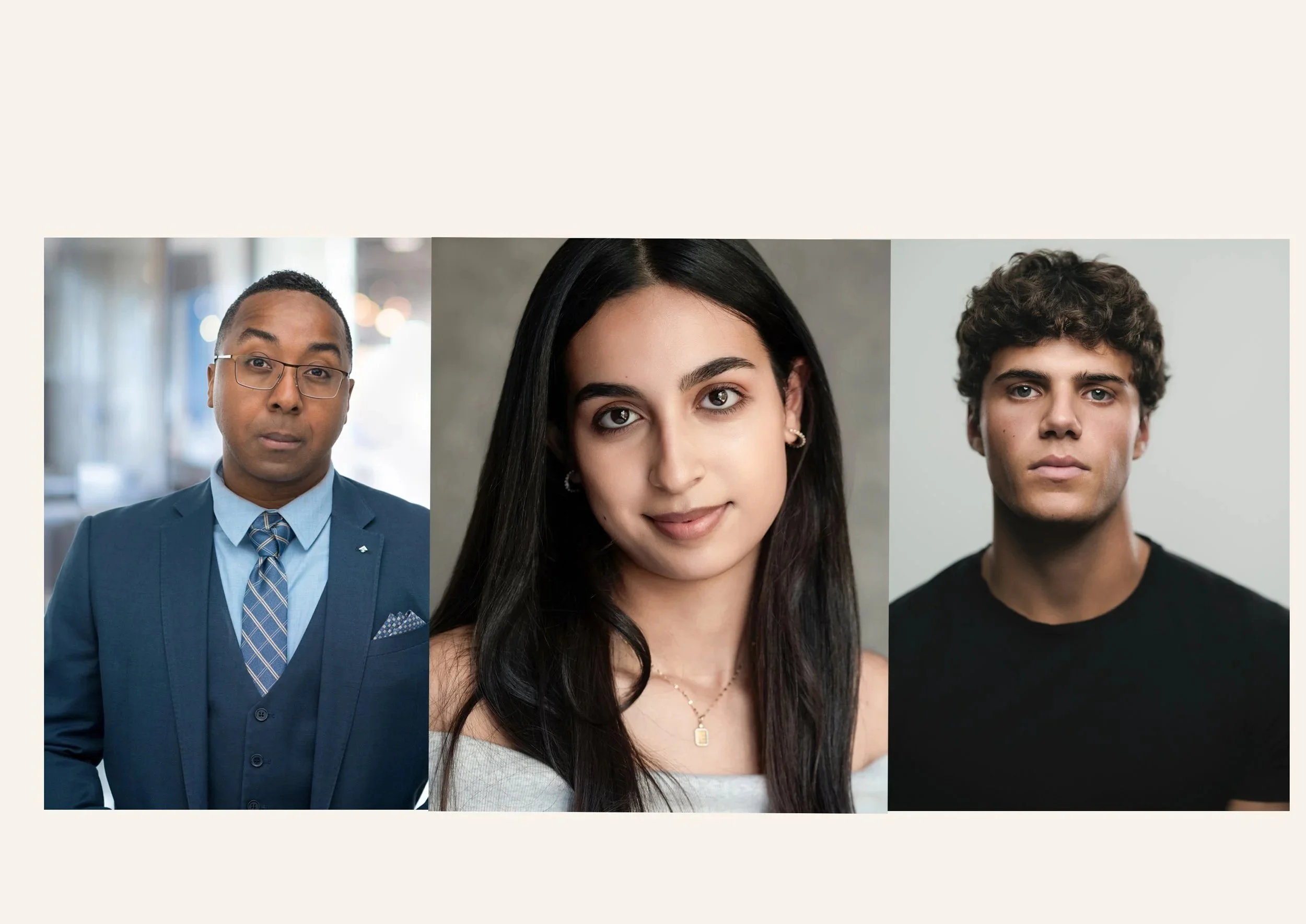 Collage of three portrait photos of diverse young adults. The left features a man with glasses in a blue suit, white shirt, and patterned tie, with a blurred city background. The center features a woman with long dark hair, wearing earrings, a neckla