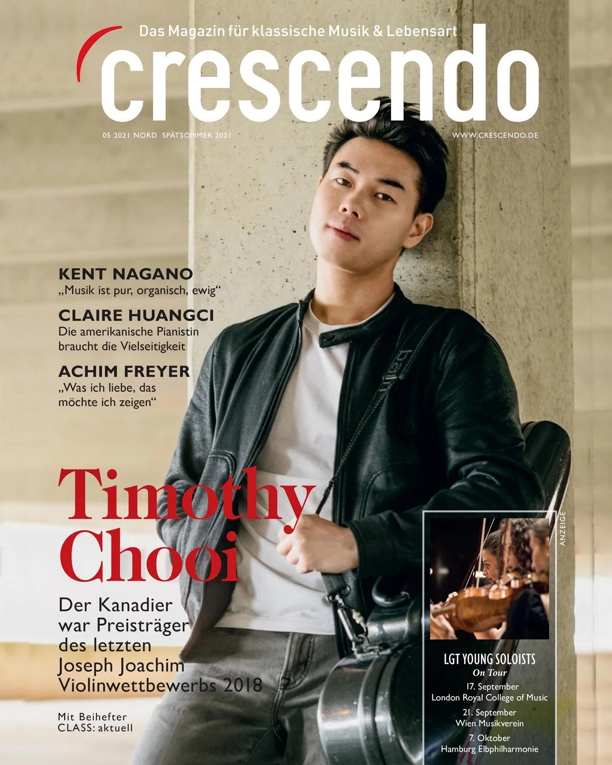 Cover of Crescendo magazine featuring musician Timothy Chooi leaning against a wall, holding a violin case, with an inset photo of a violinist and text about classical music events.
