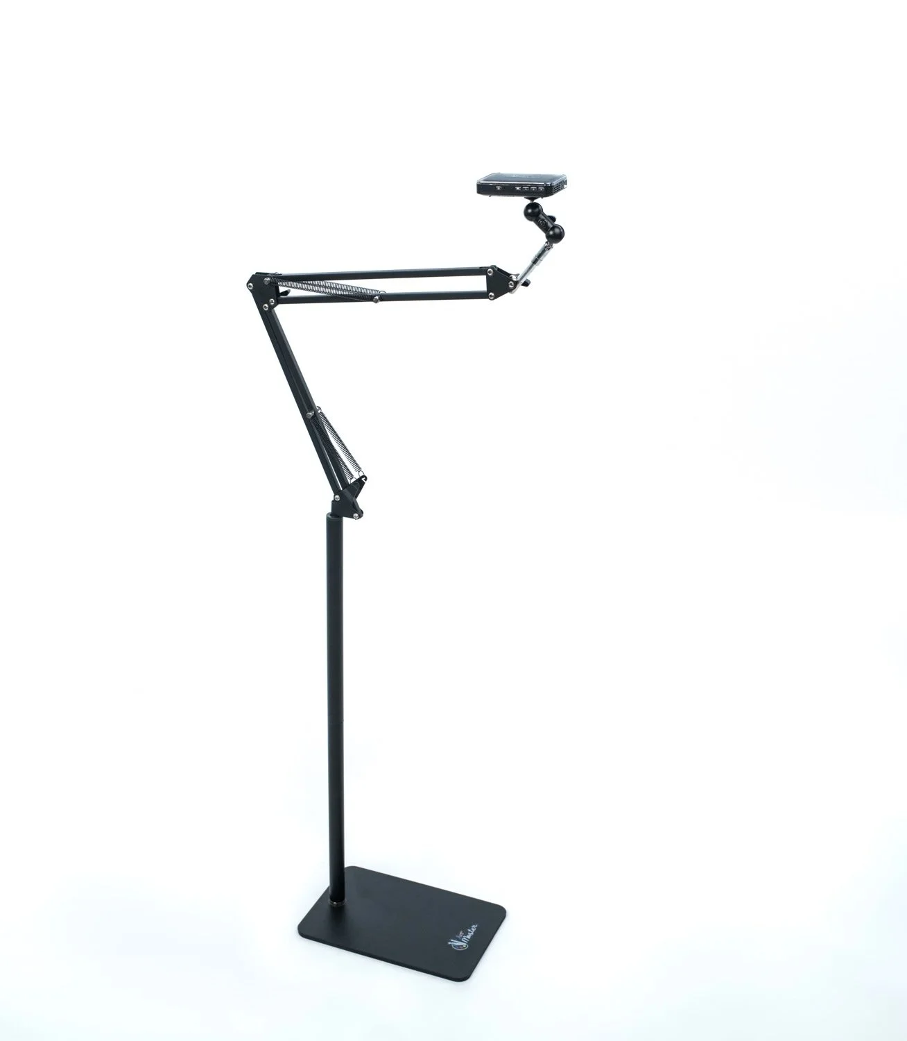 A digital stand with an adjustable arm and a tablet holder at the top, mounted on a black base.