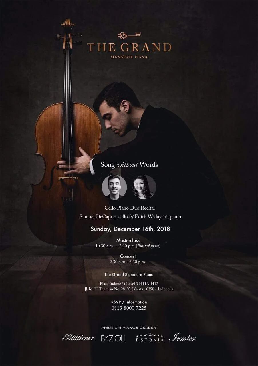 Poster for a concert titled "Song Without Words" featuring a cello and piano duo with Samuel DeCaprio and Edith Widyani on December 16th, 2018, at The Grand Signature Piano in Indonesia. The event includes a masterclass in the morning and a concert i