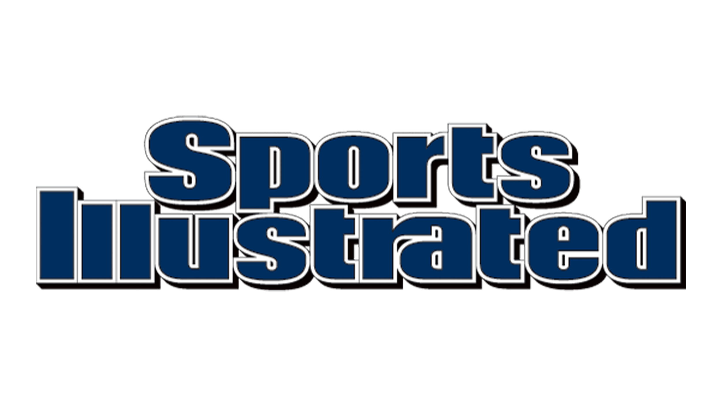 Logo of Sports Illustrated with bold navy blue text outlined in white