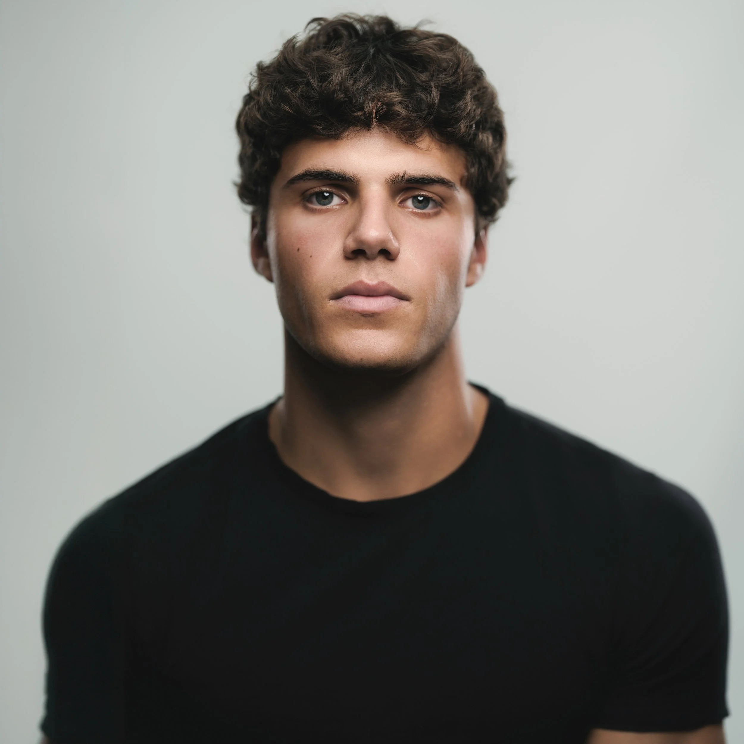 Portrait of a young man with curly brown hair, light skin, and wearing a black shirt, standing against a plain background.