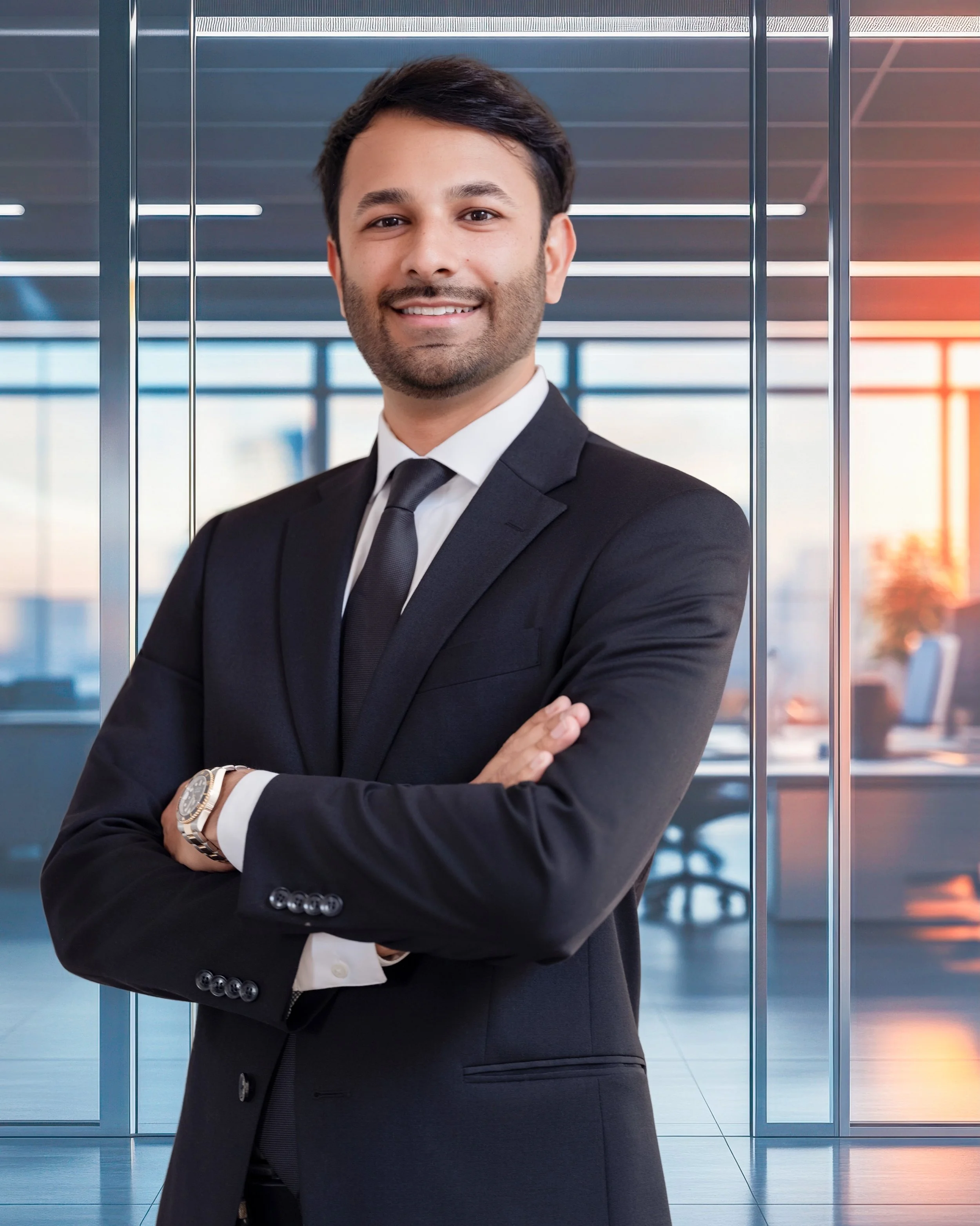 A confident man in a black suit and tie standing with his arms crossed inside a modern office building with glass walls and large windows.