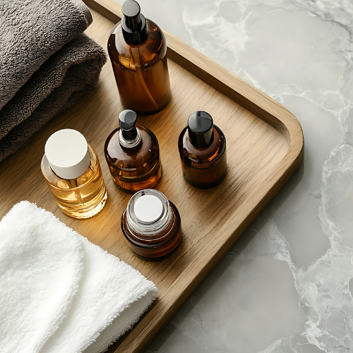 Assorted skincare bottles on a wooden tray, with towels nearby, on a marble surface.
