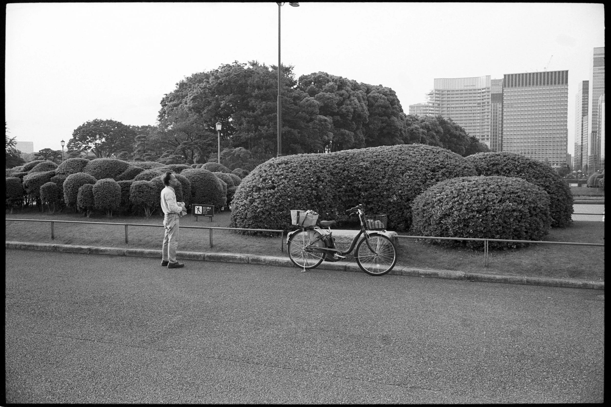 A person standing on a sidewalk next to a bicycle in a park with neatly trimmed bushes and trees, with city buildings in the background.