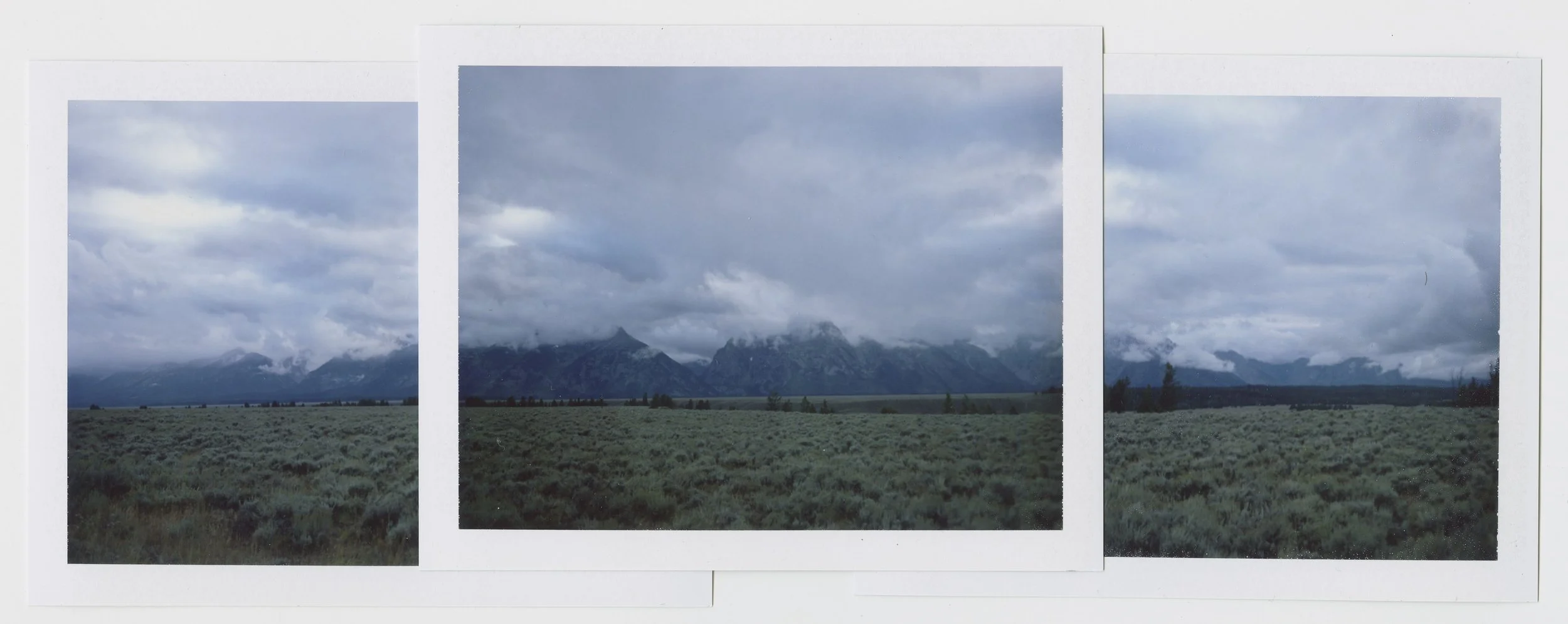 Triptych of landscape photographs showing a mountain range under cloudy skies and a green field in the foreground.