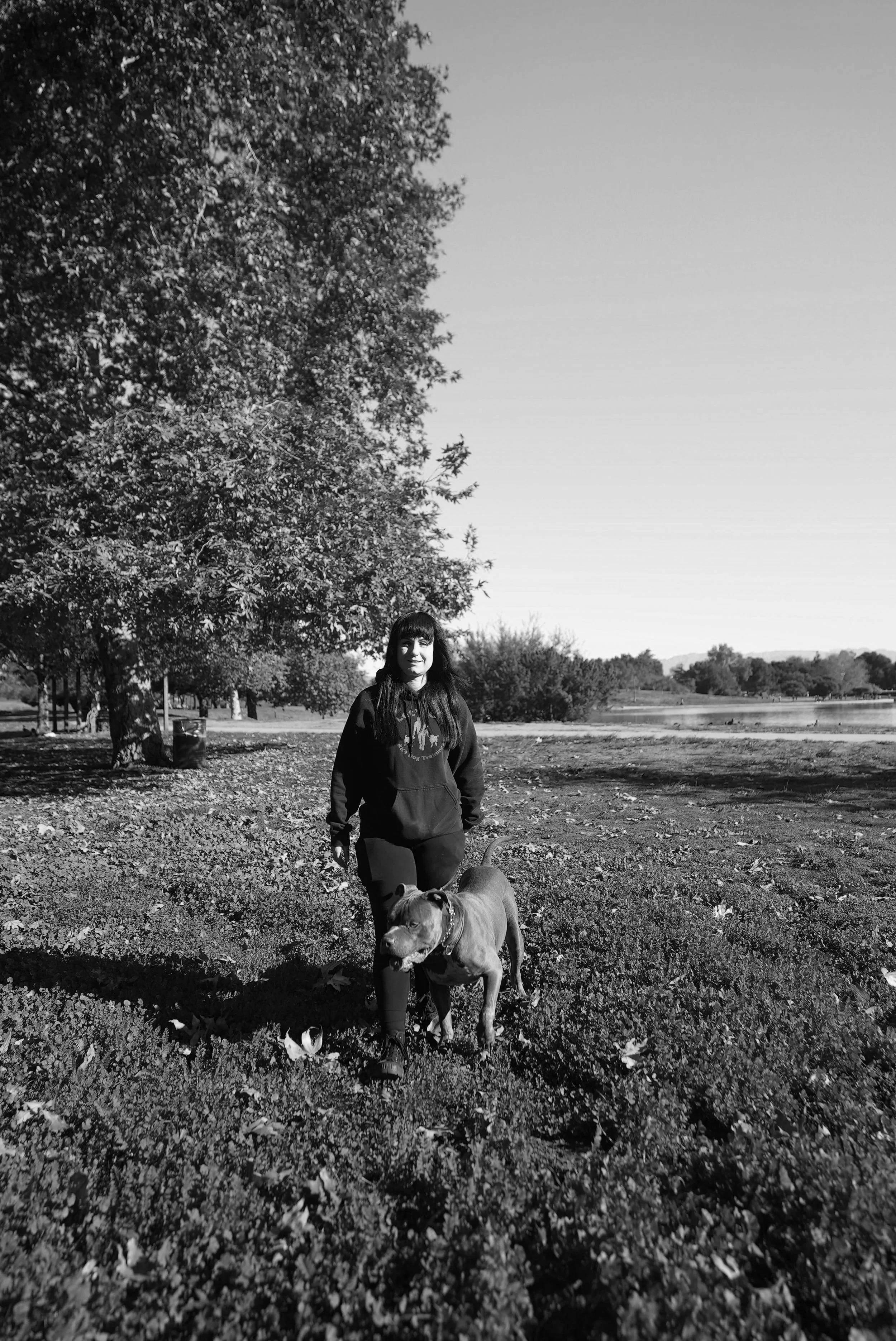 A woman walking outdoors with a dog in a park, black and white photo with trees and open space in the background.