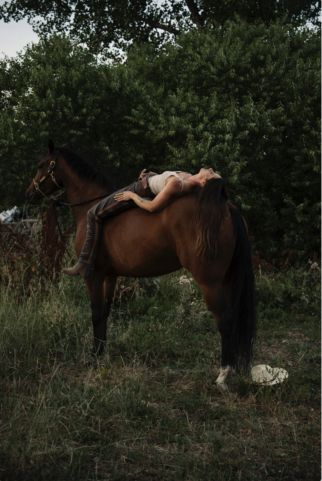A woman with long brown hair lying on her back on a brown horse, outdoors near trees and grass.