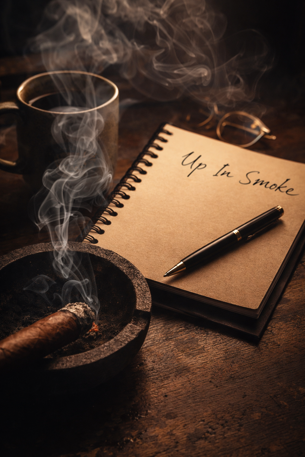 coffee, cigar, notepad, pen