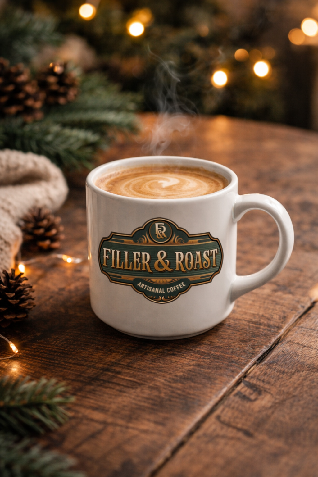 White ceramic mug with the Filler & Roast artisanal coffee logo, filled with a steaming latte, sitting on a rustic wooden table with pinecones, evergreen branches, and warm holiday lights in the background.