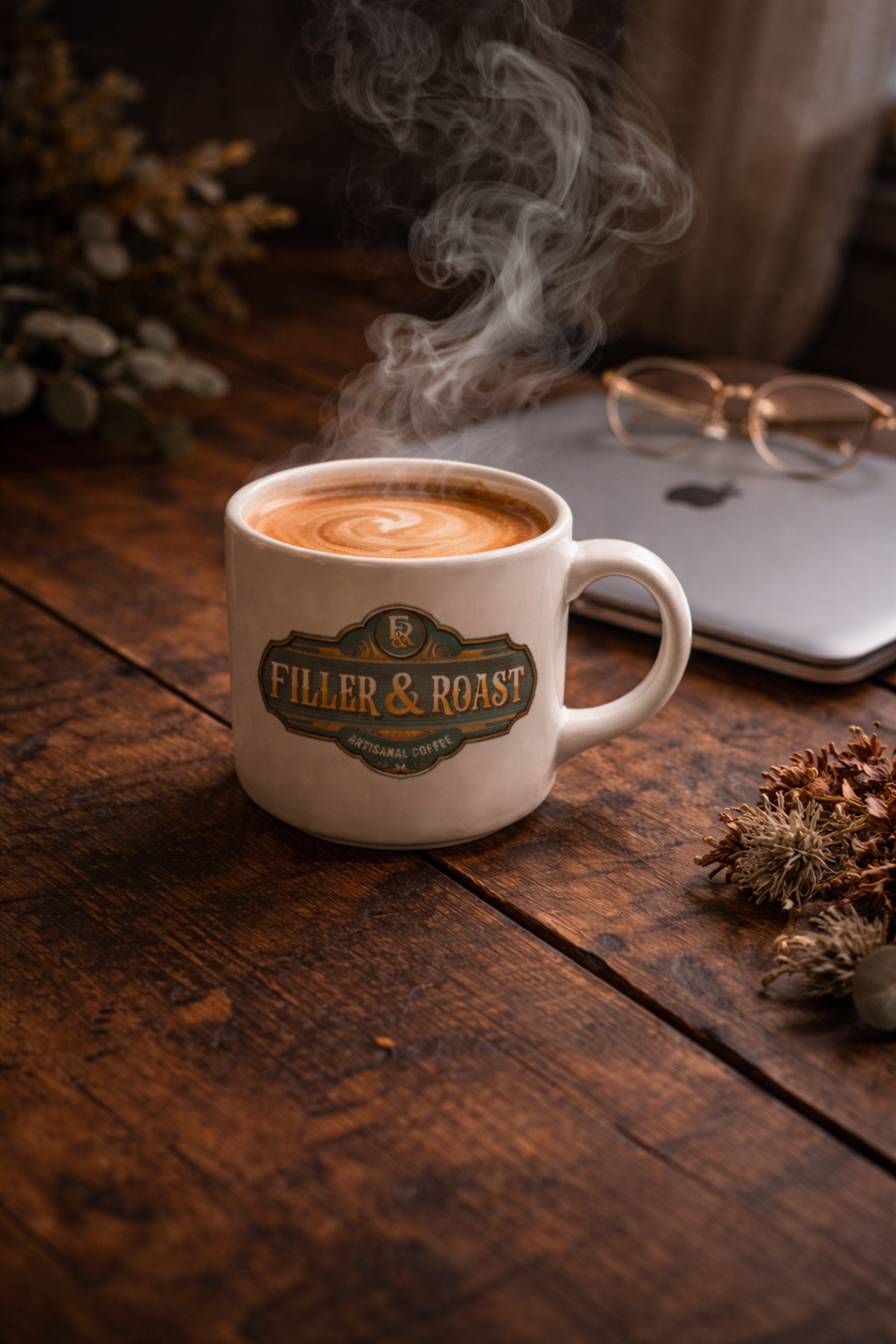 Steaming cup of artisanal coffee in a white Filler & Roast mug beside a closed MacBook on a rustic wooden table, with soft warm lighting and pine accents