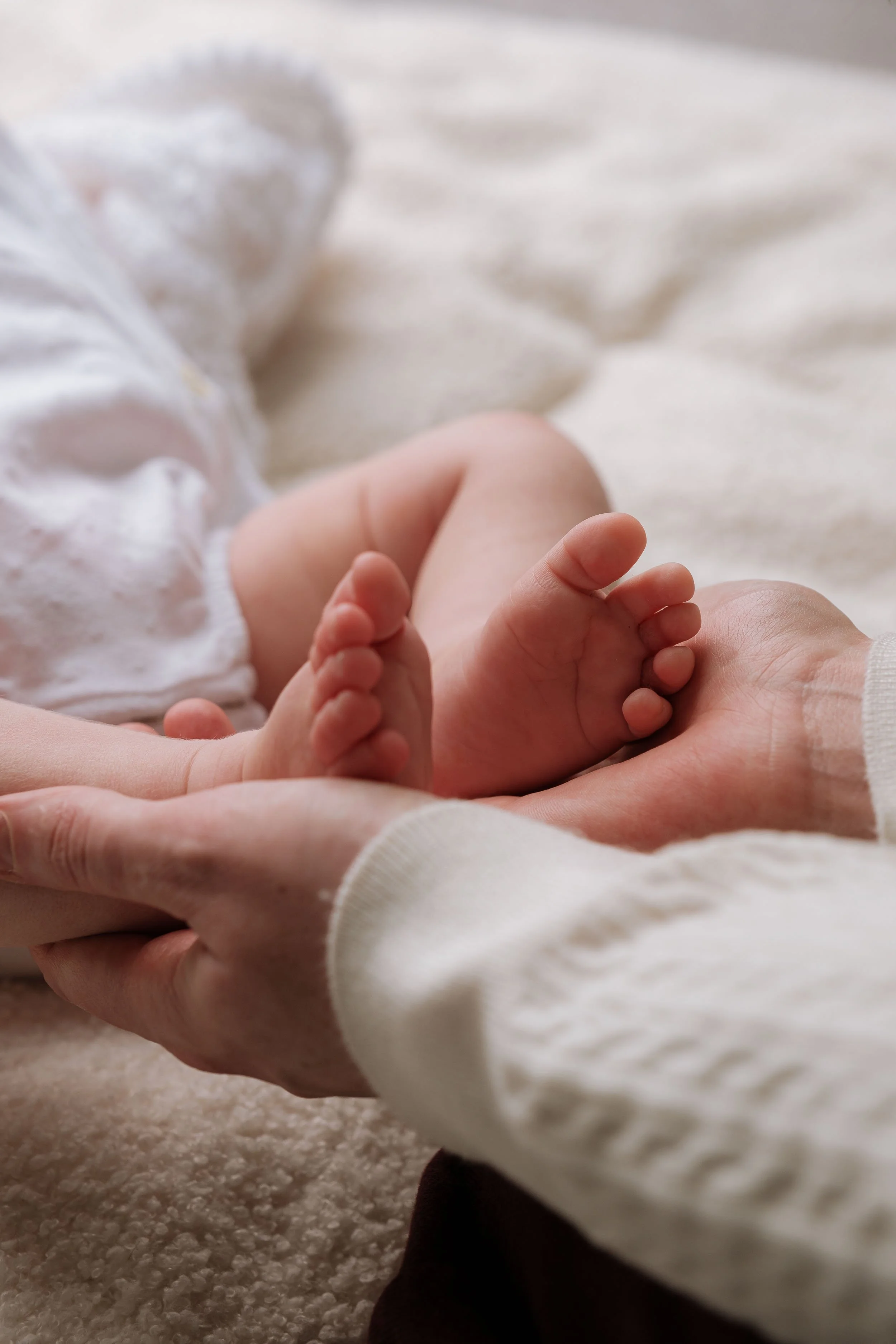 A person holding a newborn baby's hand and foot, with the baby's foot resting in the person's open palm for a newborn photoshoot. 