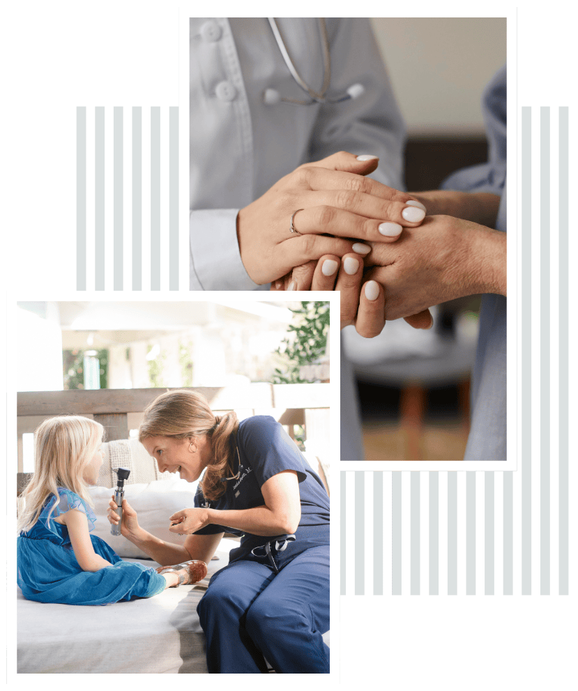 A nurse caring for a young girl with a stethoscope, and a doctor holding a reflex hammer and smiling.
