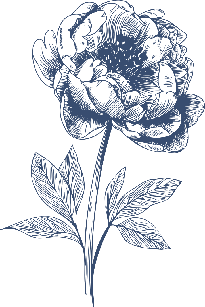 A detailed illustration of a flower with a large bloom and multiple leaves, drawn in blue on a black background.