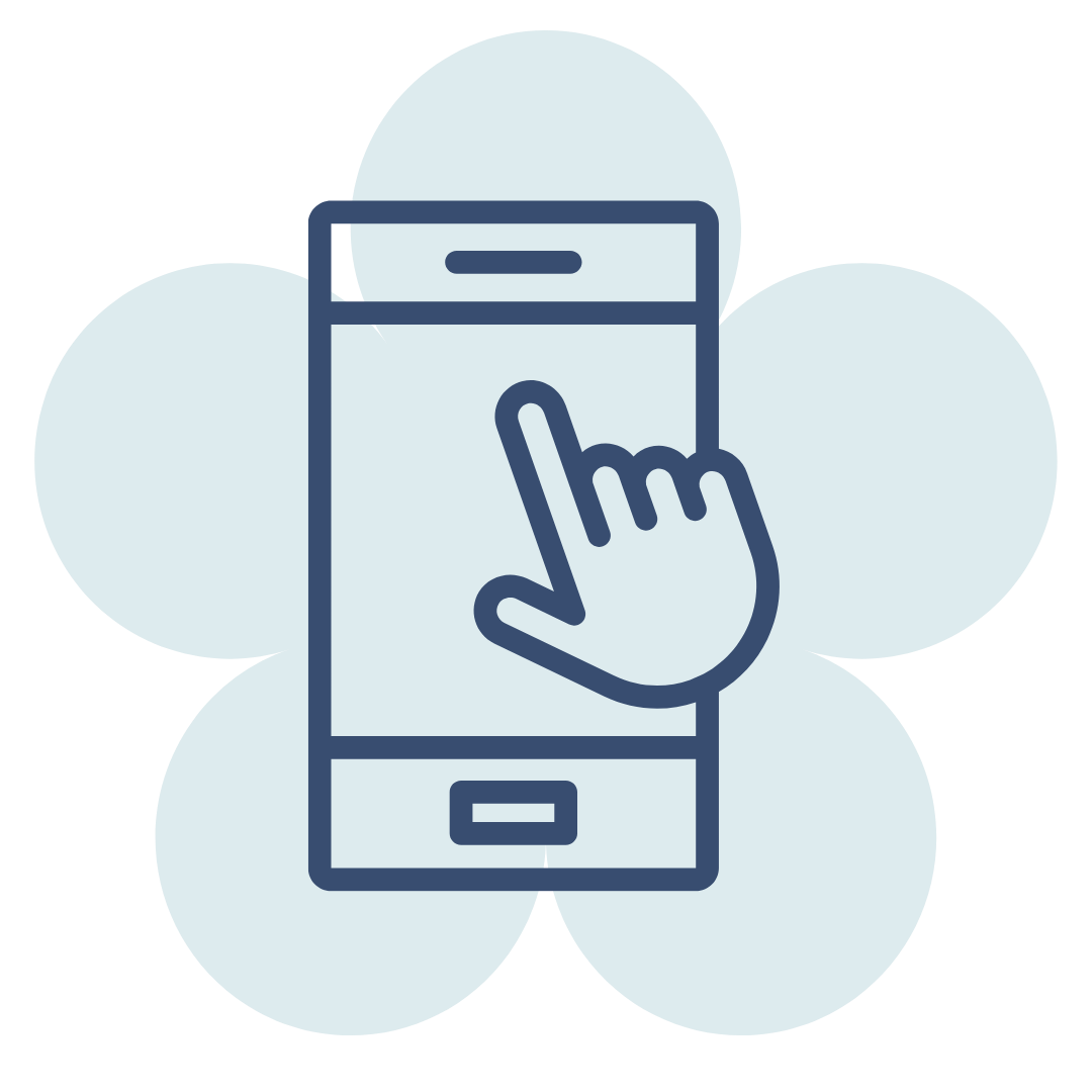 Line drawing of a smartphone with a hand tapping the screen, surrounded by four overlapping light blue circles.
