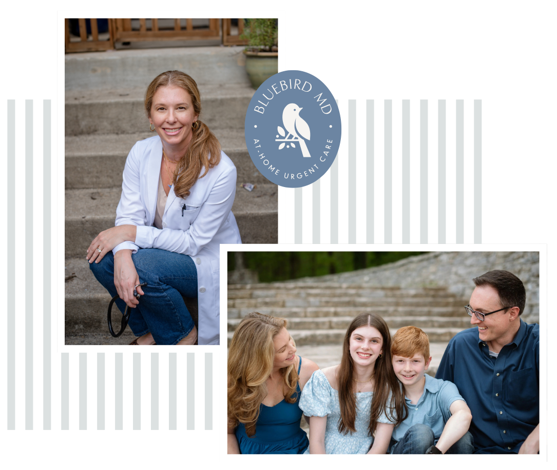 A woman in a white coat sitting on concrete steps outdoors, smiling, with a stethoscope in her hand, and a logo for Bluebird MD, a home urgent care service, nearby. In a separate photo, a man and three children are sitting on stairs outdoors, smiling and looking at each other.