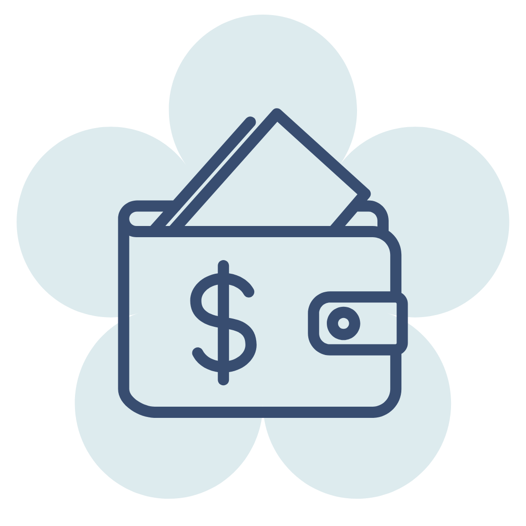 Icon of a wallet with a dollar sign, money, and a card inside, with a floral background.