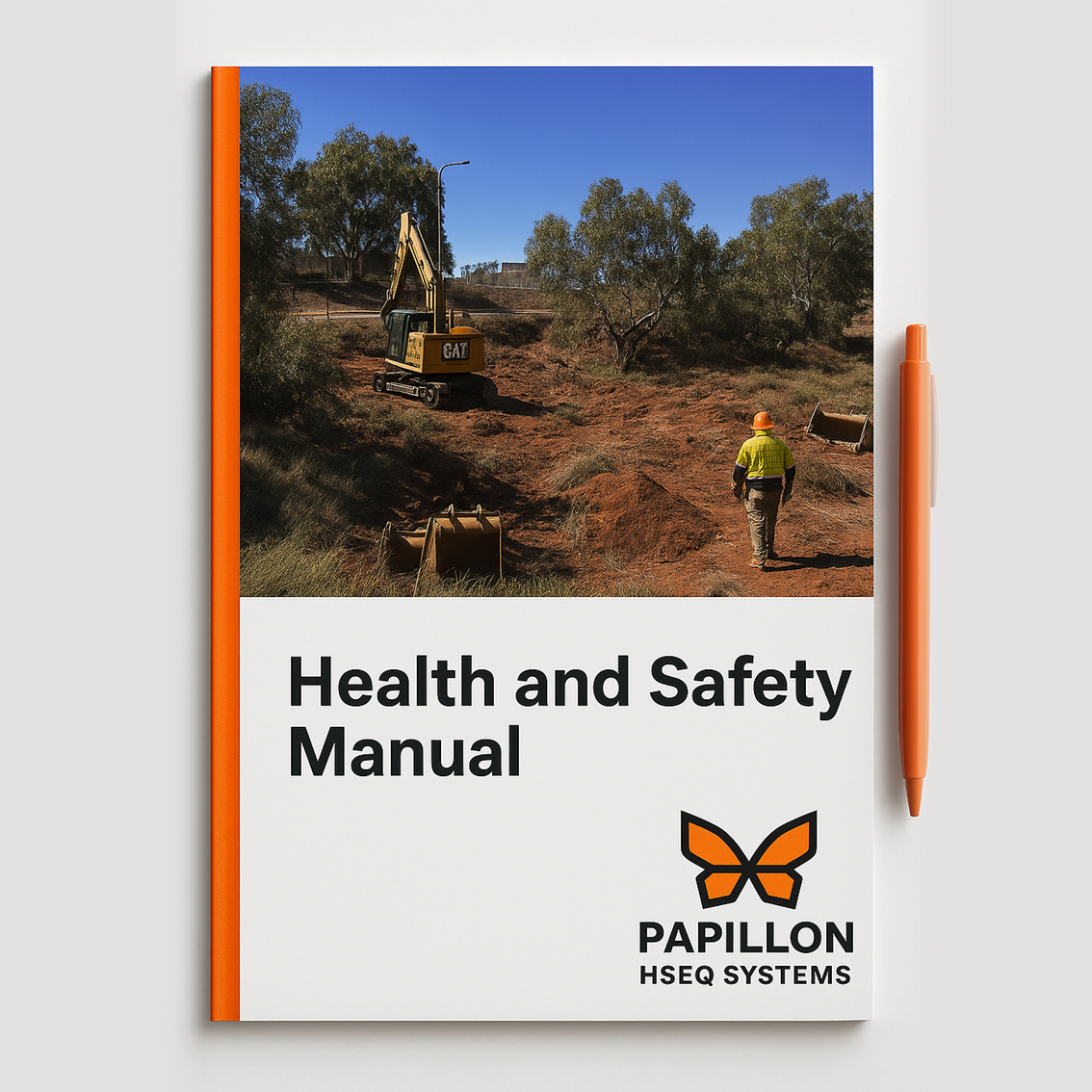 A health and safety manual with a cover photo of a construction worker and bulldozer at a worksite, titled "Health and Safety Manual" by Papillon HSEQ Systems.