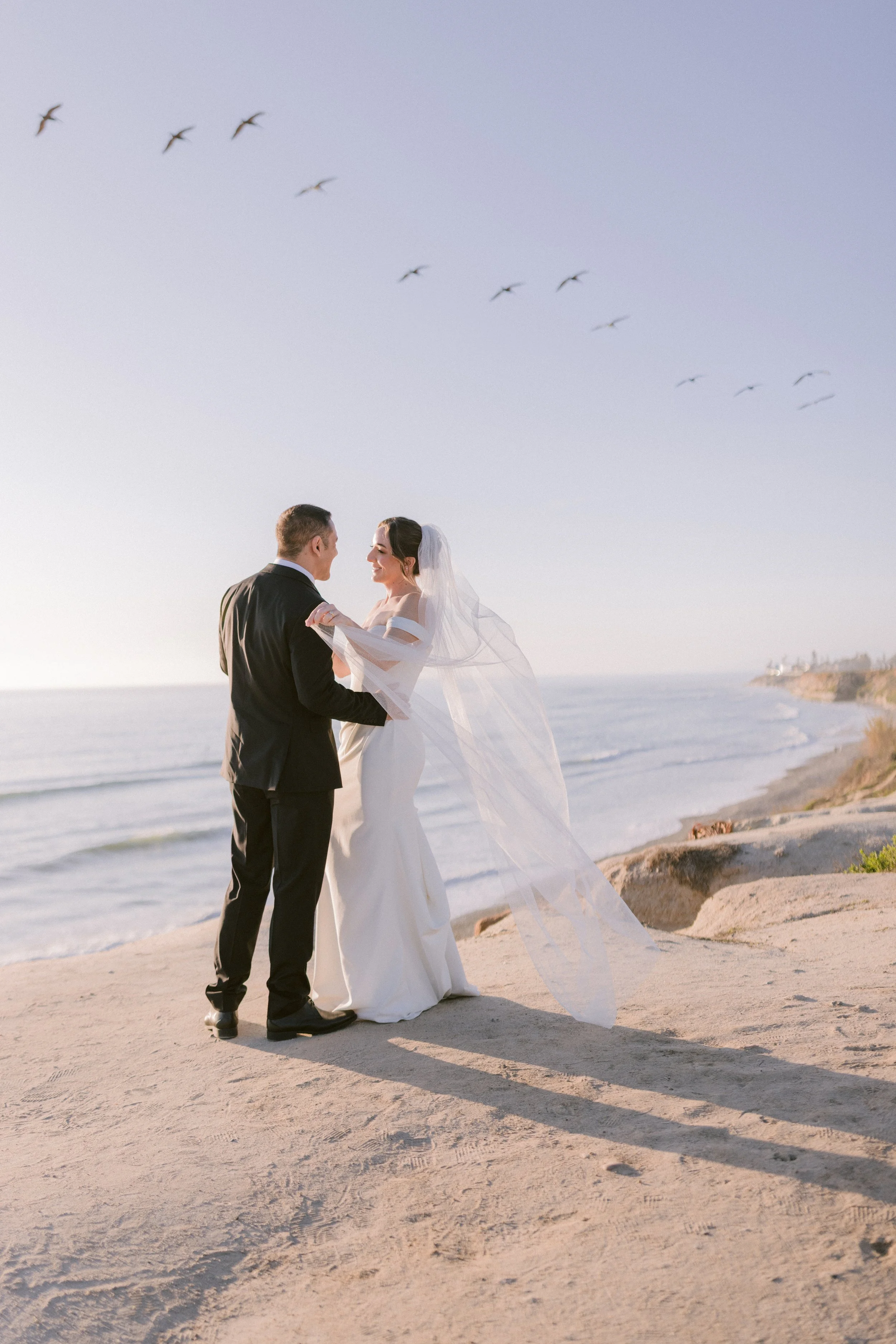 A bride and groom stand on a sandy beach, holding hands and smiling at each other, with the ocean and a flock of birds flying overhead in the background.