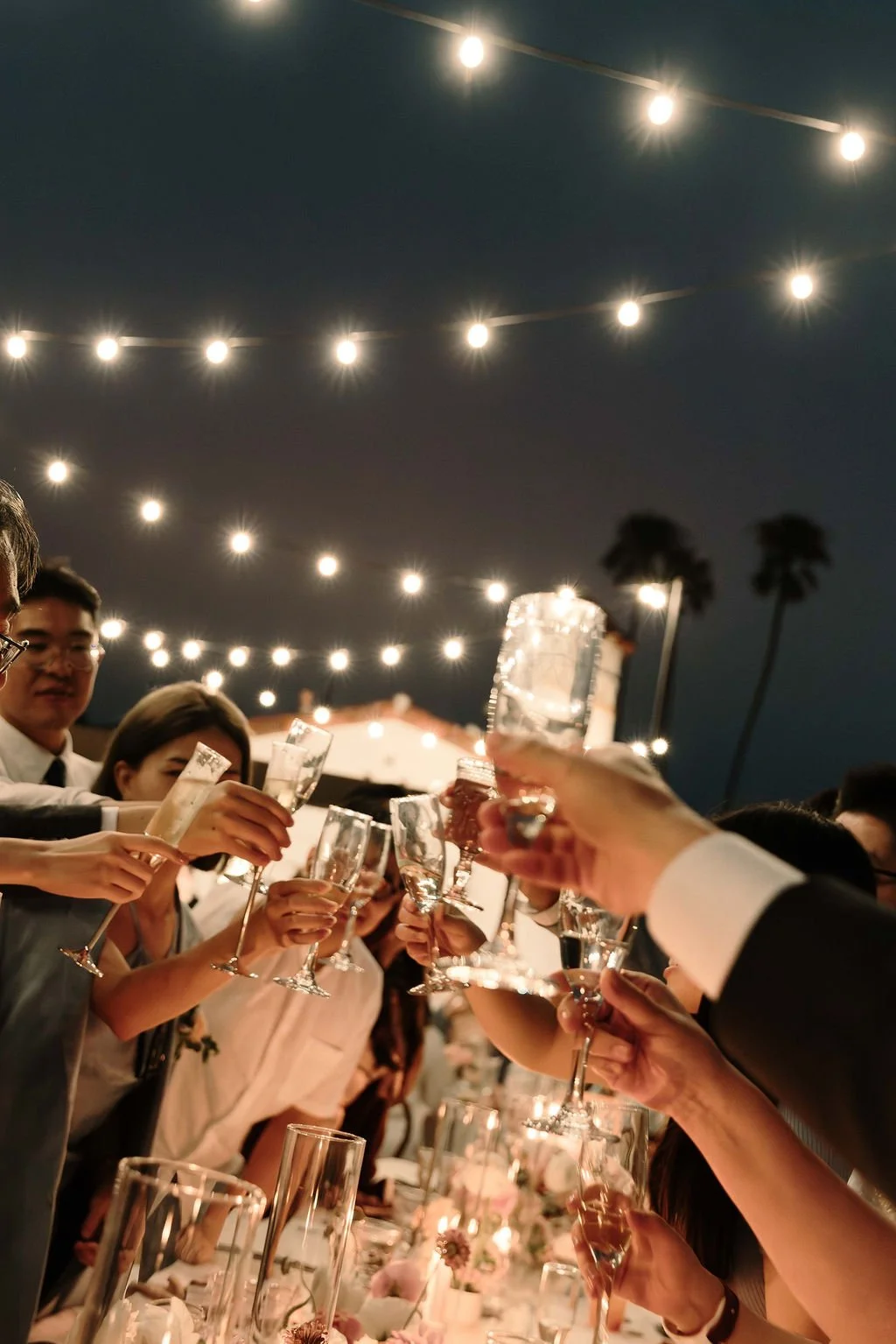 People at a celebration raising glasses outdoors at night with string lights overhead and palm trees in the background.