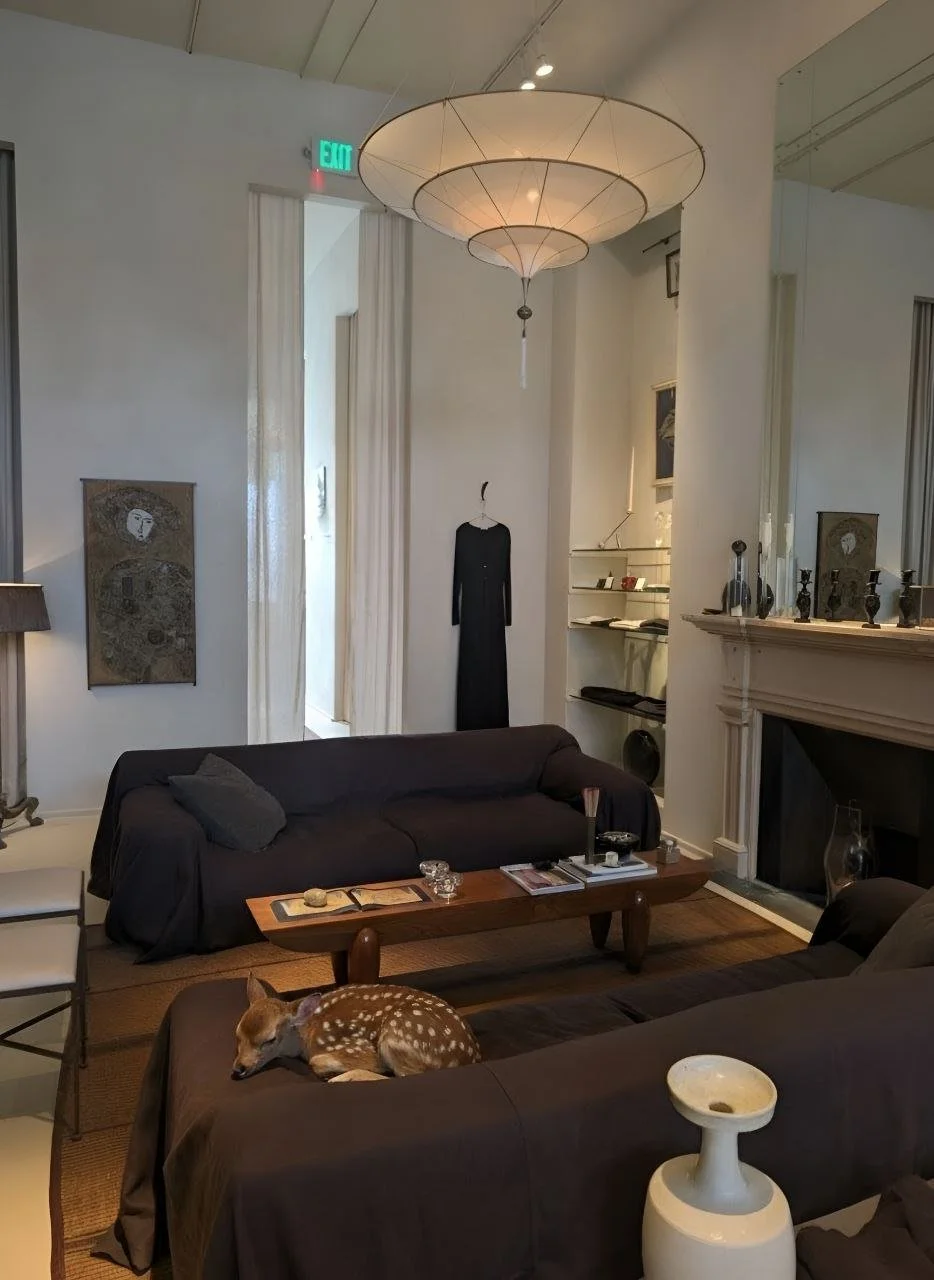 Living room with two dark-colored sofas, a wooden coffee table with magazines, and a fawn resting on one sofa. Artwork hangs on the walls, and a black dress is displayed on a hook. An elegant ceiling light fixture hangs above, and a fireplace with de