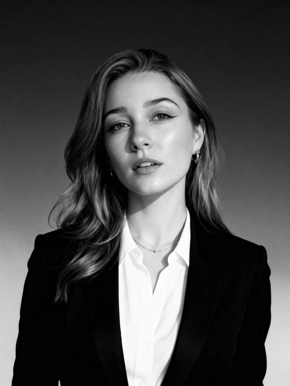Black and white portrait of a young woman with wavy hair, wearing a blazer over a white shirt, looking at the camera.