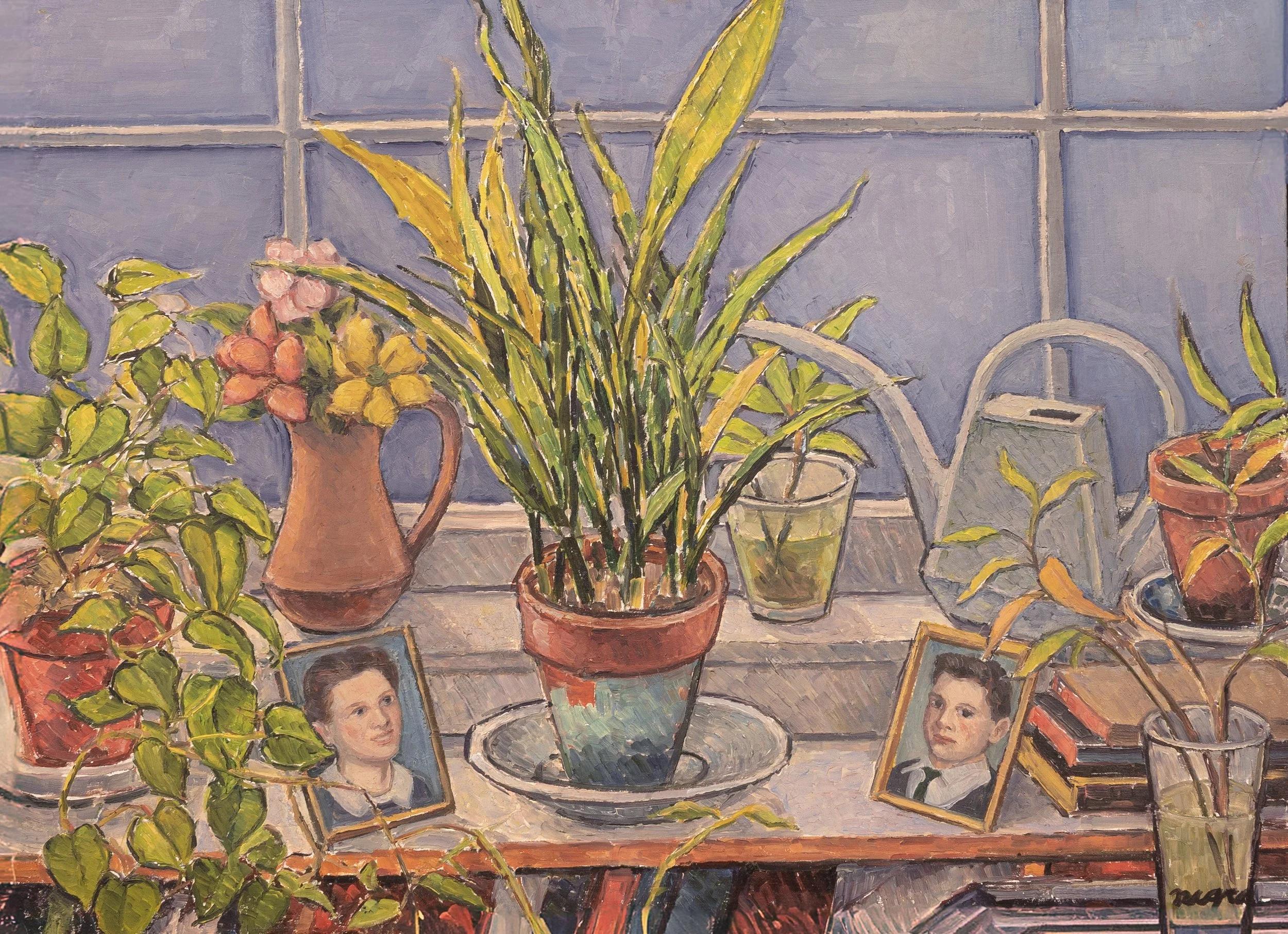 The windowsill appears in many of Frank's paintings. 
The photo depicts his daughter, Fran, on the left, and his youngest son, Tommy, on the right.