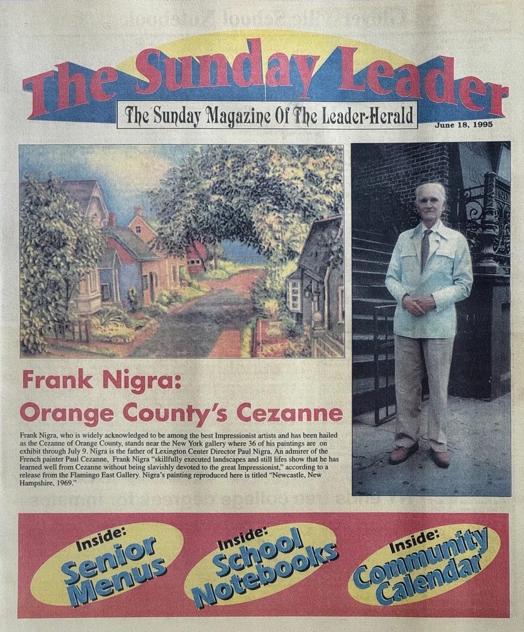 Leader Herald Front Page & Interview (1995) - Front-page feature and interview discussing Frank Nigra's retrospective exhibition and fifty-year painting career.