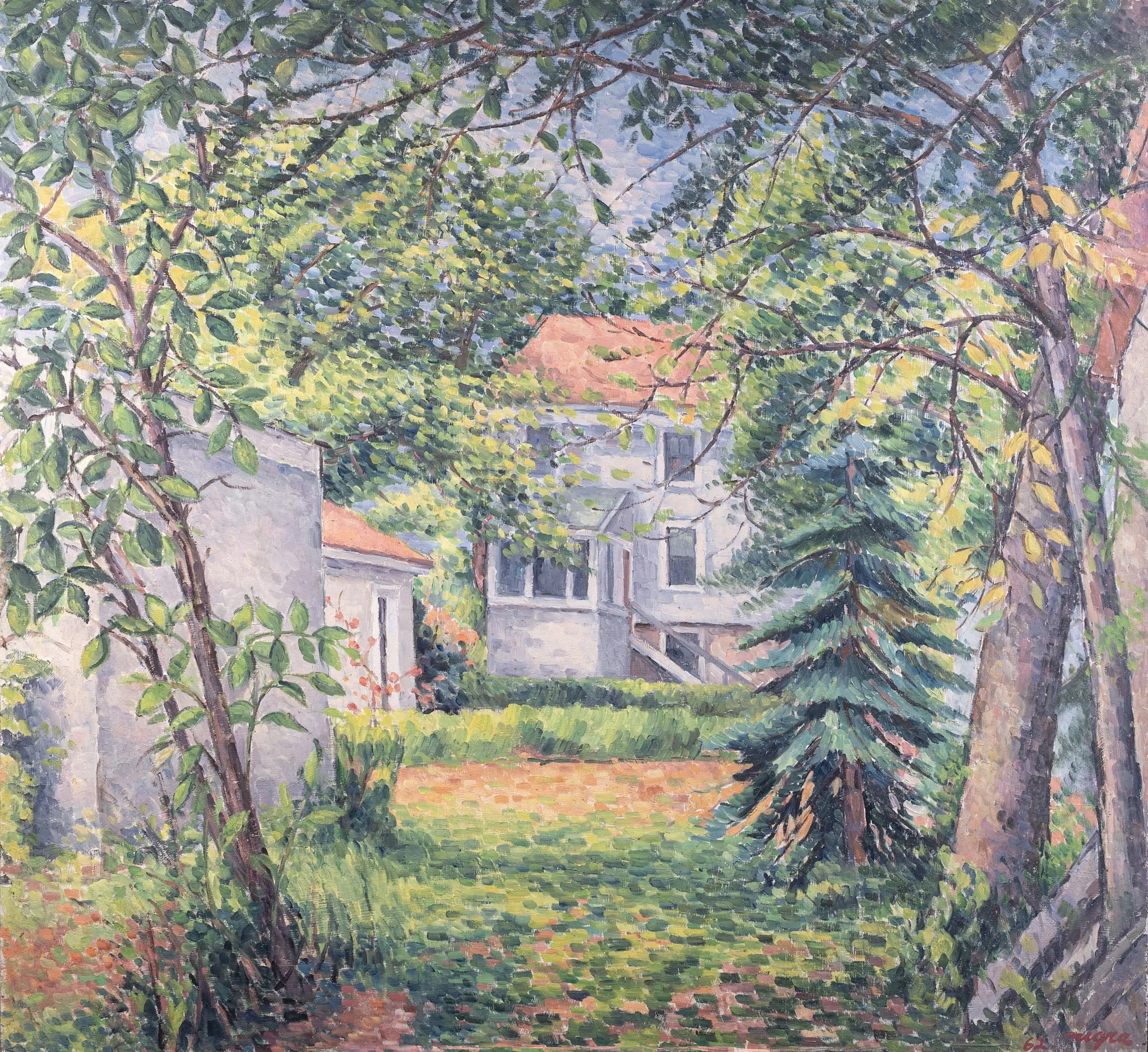 View of House from Backyard, 25.5 × 27 in., 1962, oil on board.