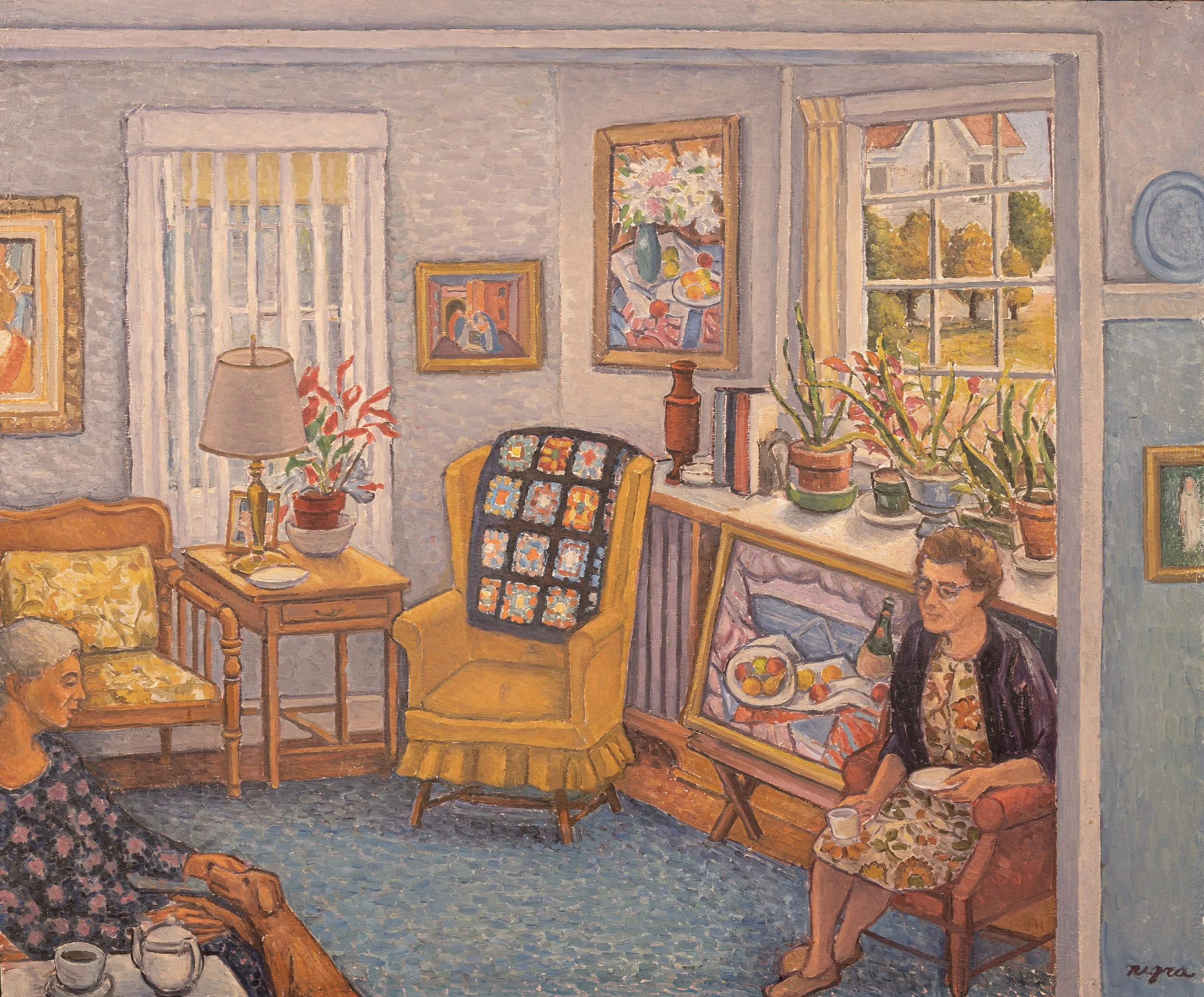 Living room interior with Olga drinking tea and chatting with a friend. 

The windowsill serves as the setting for many of Frank's still-life paintings. The room is filled with his work. Some hung, others are waiting to be. 