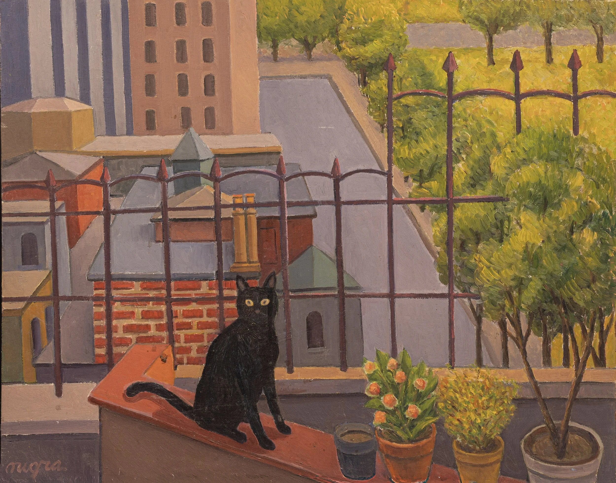 City View with Black Cat - 
A black cat sits along a ledge overlooking a New York City street, with iron fencing, trees, and distant buildings arranged in layered perspective.